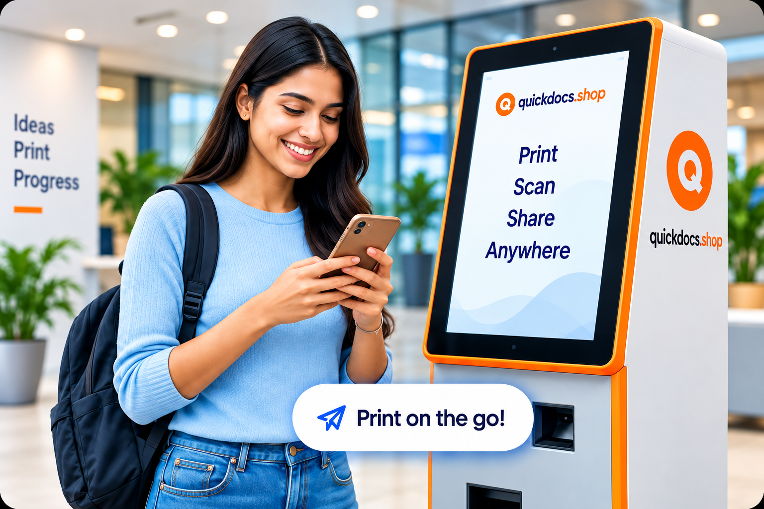 Young Indian student smiling next to QuickDocs kiosk